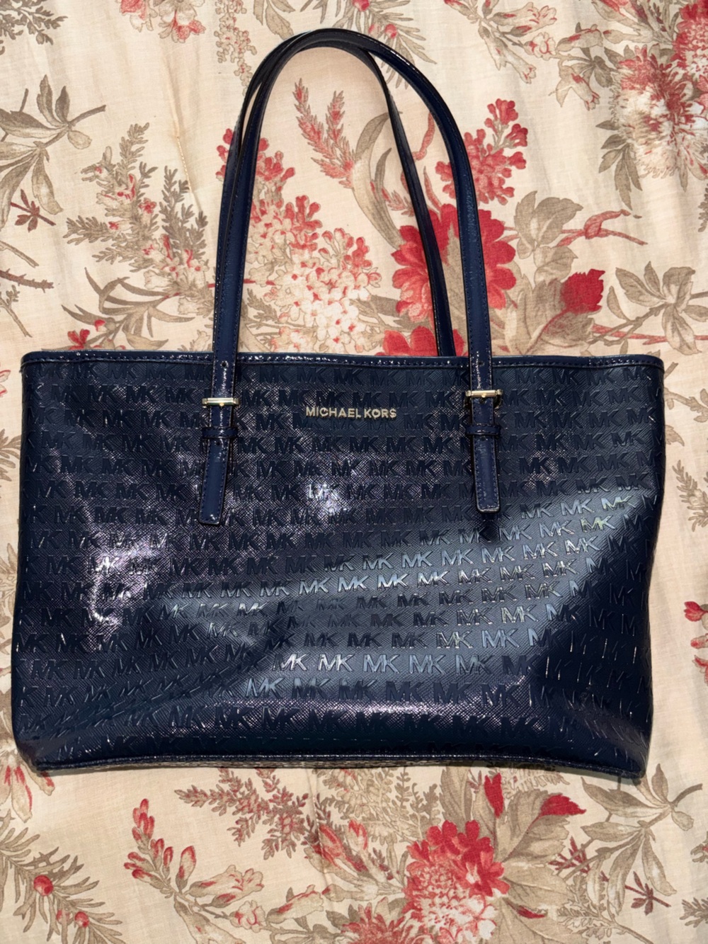 Michael Kors Navy Patent MK Logo Tote